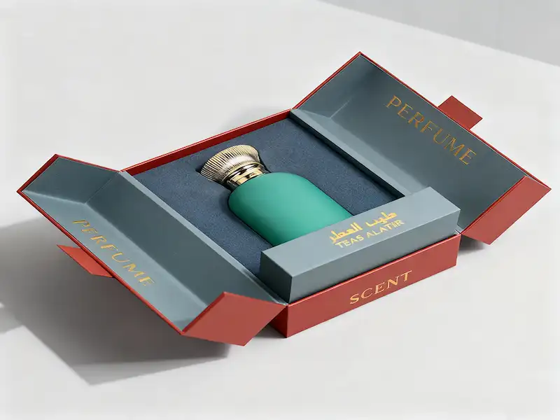 Close-up of gold foil stamping and embossing on a luxury perfume box