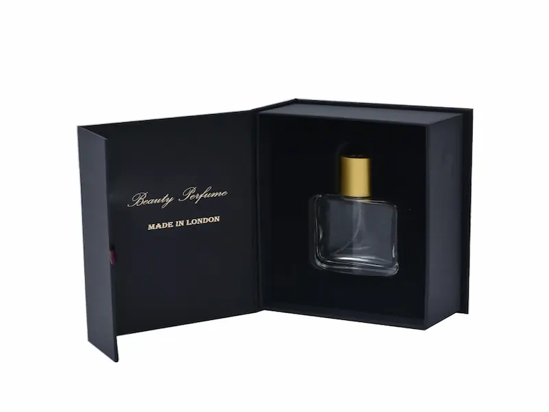 Elegant custom perfume boxes with various luxury finishes, showcasing branding opportunities for fragrance companies